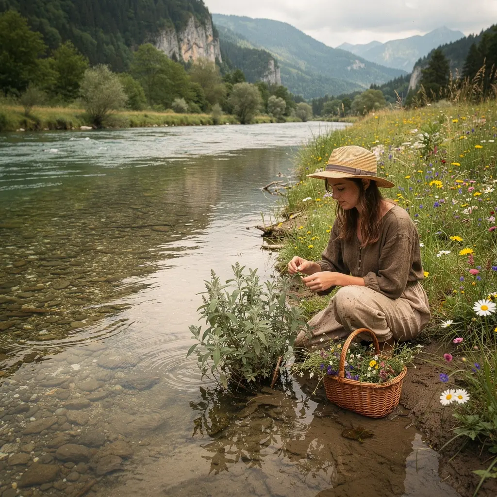 Zelišča, nabrana v naravi, obkrožena z zelenjem in cvetjem.