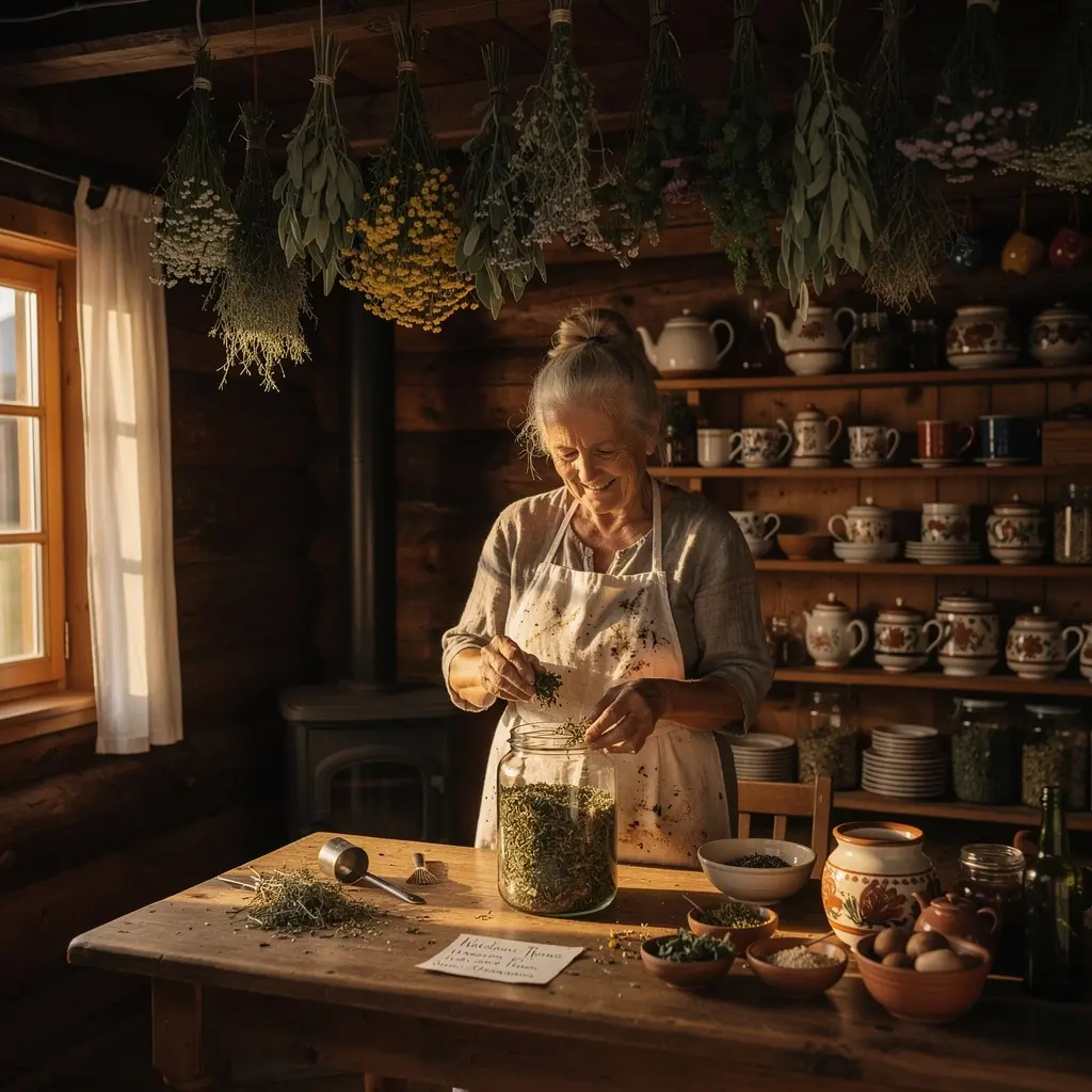 Sveže nabrana zelišča, položena na kamniti površini ob čajniku.